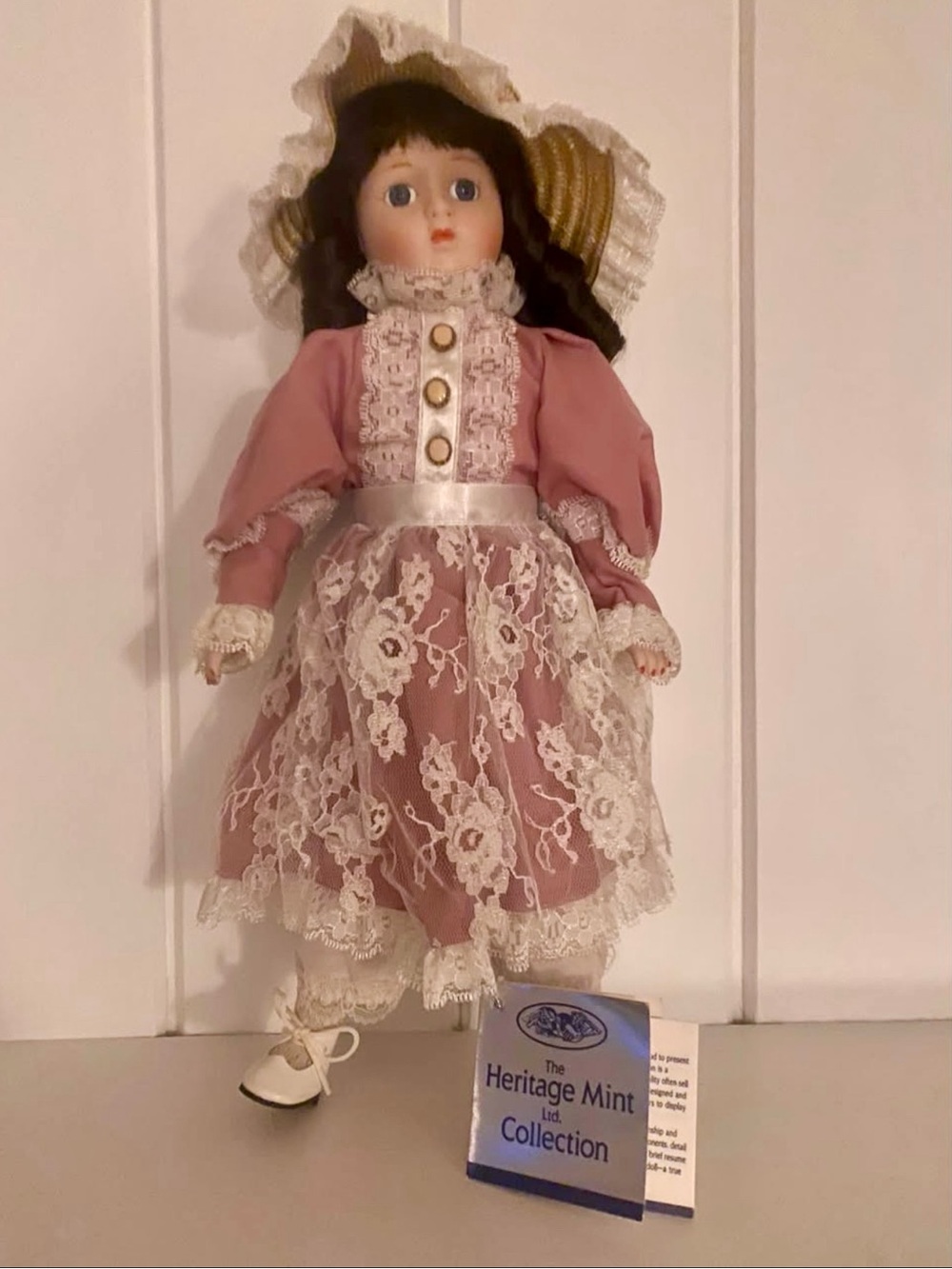 Vintage Heritage Mint Suzette Porcelain Doll 16” w Box Tags Pink Dress